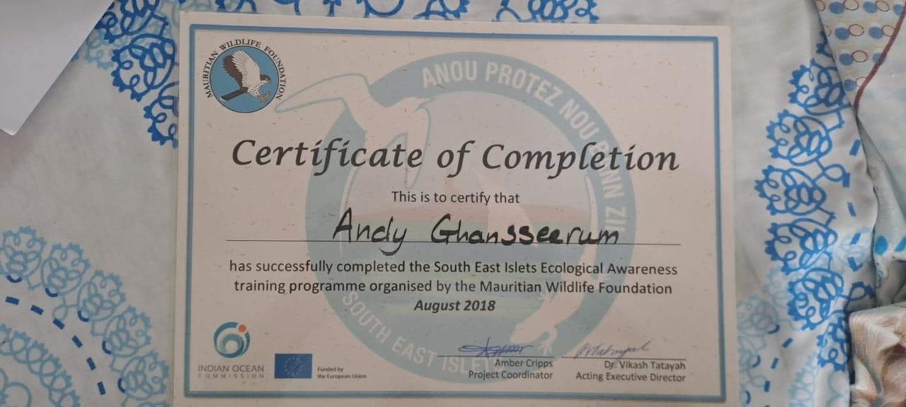 Certificat de réussite à la formation South East Islets Ecological Awareness, août 2018