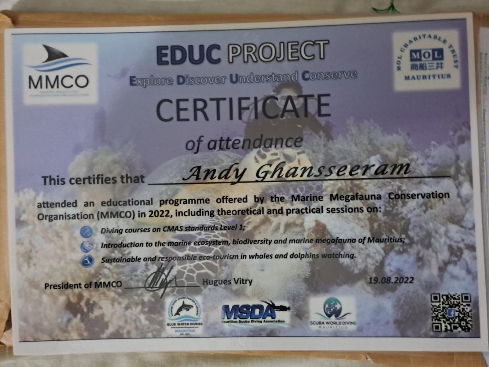 Certificat de participation au programme éducatif de la Marine Megafauna Conservation Organisation, 2022