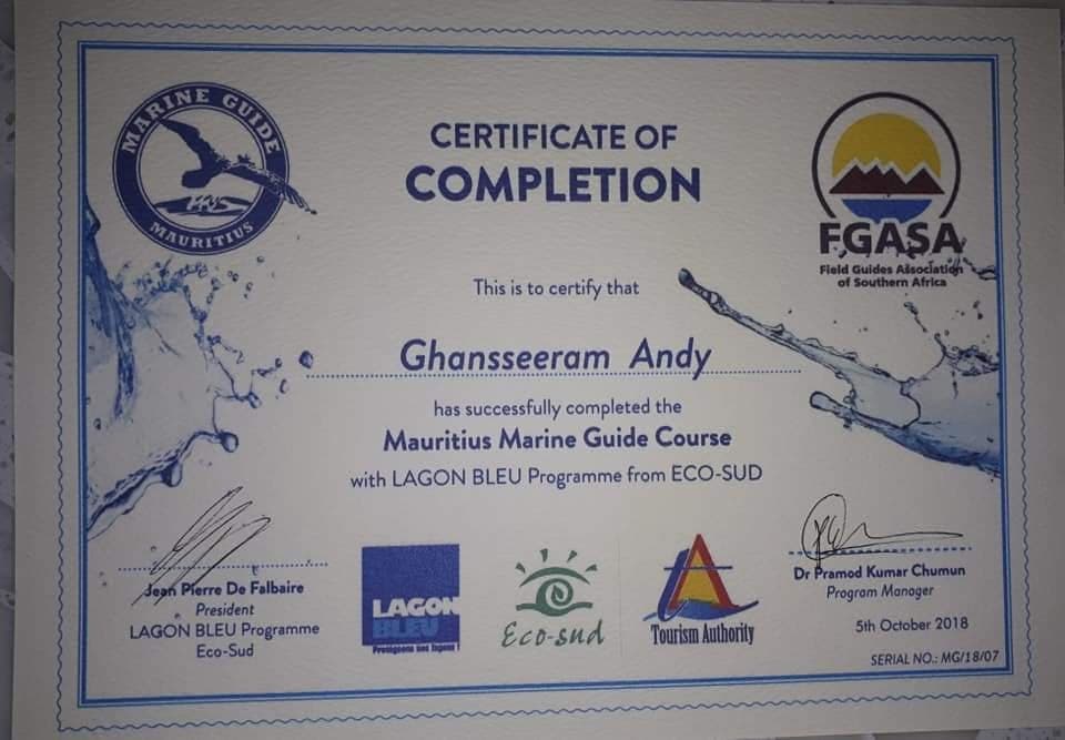 Certificat de réussite au Mauritius Marine Guide Course, délivré à Andy Ghansseeram en octobre 2018